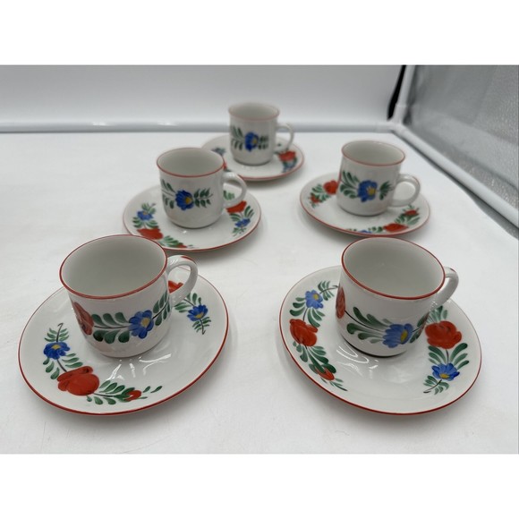 Set Of 5 Rare Kalocsa Espresso Demitasse Cups And Saucers Folklor K.F.T. Hungary - Picture 1 of 9